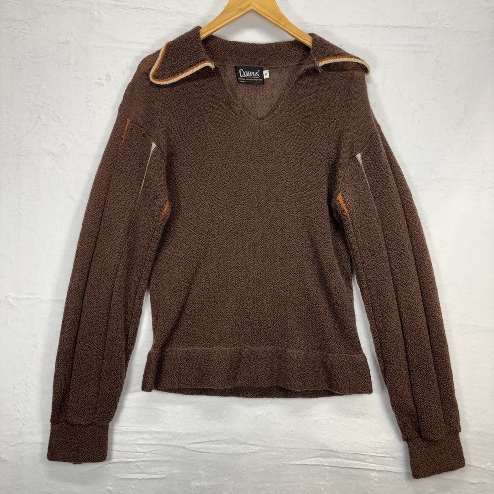 Vintage Campus V Neck Sweater Loop Johnny Collar Brown 70s Mohair Wool Knit USA